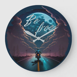 Be Free Motorcycle riding by moonlight Large Clock
