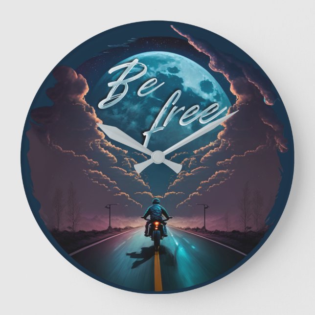 Be Free | Motorcycle riding by moonlight Large Clock (Front)