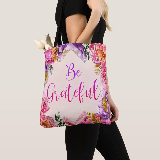 Be Grateful Pink Peony Tote Bag (Close Up)