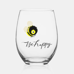 "Be Happy" Bumble Bee Inspirational Stemless Wine Glass