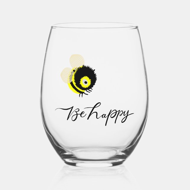 "Be Happy" Bumble Bee Inspirational Stemless Wine Glass (Front)