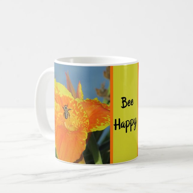 Be Happy Cheerful Lily Photo Bee Pun Orange Flower Coffee Mug (Front Left)