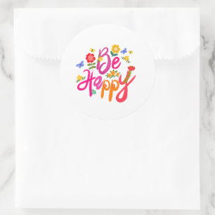 Be Happy – Colorful Floral and Butterfly Boho Classic Round Sticker