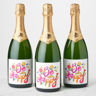Be Happy – Colorful Floral and Butterfly Boho  Sparkling Wine Label
