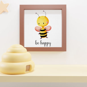 Be Happy Cute Bee Flying Kids Nursery Poster