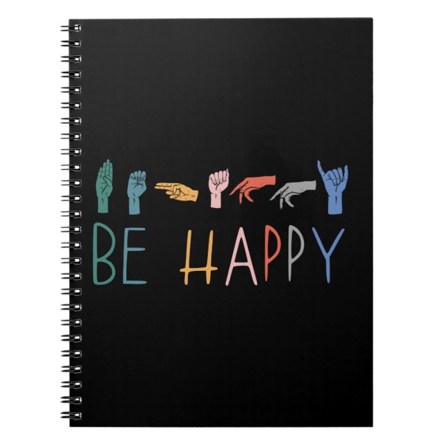 Be Happy Cute Colourful Vintage ASL Sign Language Notebook (Front)