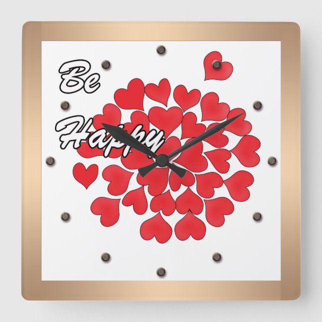Be happy, elegant, love, red heart square wall clock (Front)
