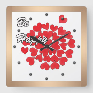Be happy, elegant, love, red heart square wall clock
