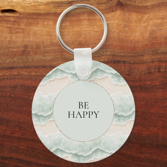 Be Happy Mint Circle Beach Aqua Waves Key Ring (Front)