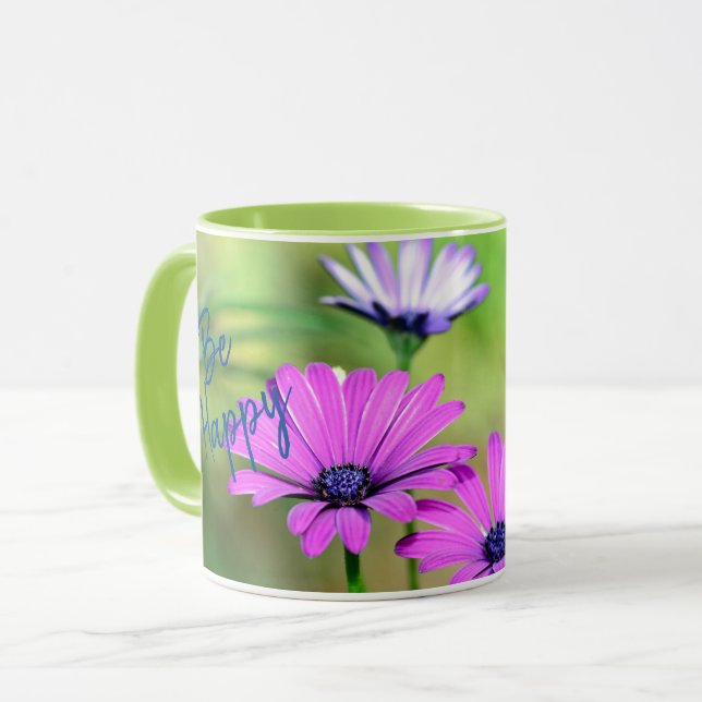 Be Happy mit Blumen und Namen Mug (Front Left)