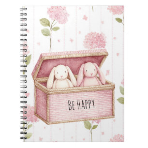 Be Happy Pink Flowers Bunnies in a Box Notebook