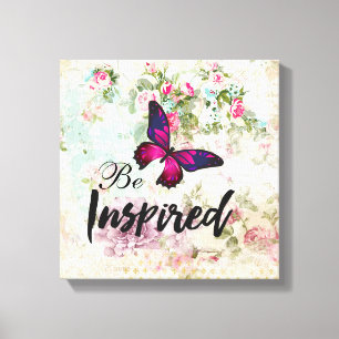 Be Inspired Quote & Pink Butterfly Shabby Collage Canvas Print