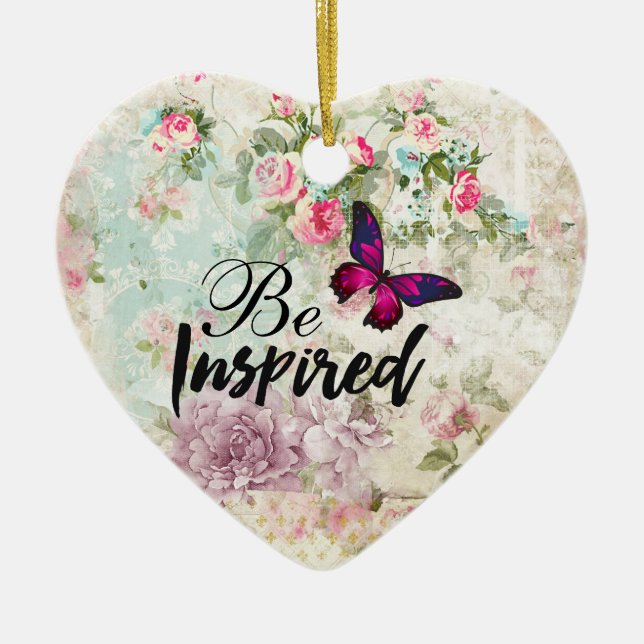 Be Inspired Quote & Pink Butterfly Shabby Collage Ceramic Tree Decoration (Front)