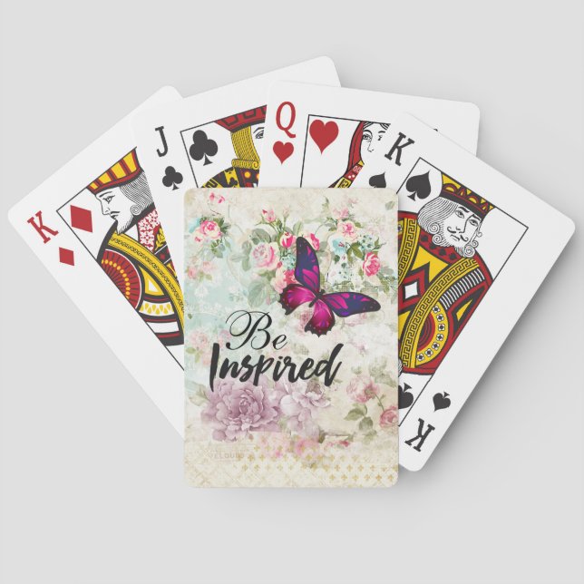 Be Inspired Quote & Pink Butterfly Shabby Collage Playing Cards (Back)