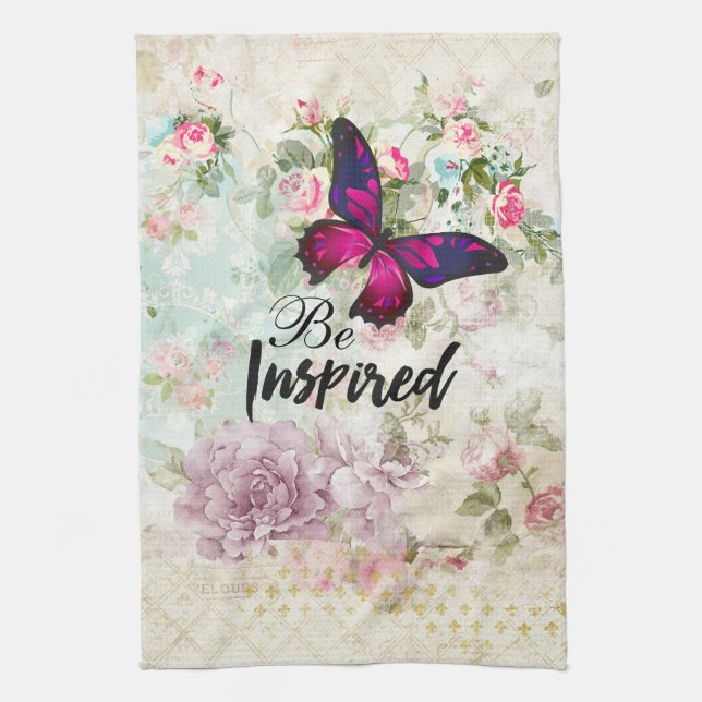 Be Inspired Quote & Pink Butterfly Shabby Collage Tea Towel (Vertical)