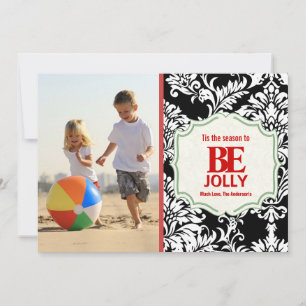 Be Jolly Vintage Black Damask Family Photo Card