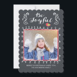 Be Joyful Chalkboard Holiday Christmas Photo Card<br><div class="desc">Send a modern & unique christmas card this year that your family and friends will love. Our contemporary photo holiday card features a whimsical white & red frame for your photo with stylish bracket flourishes showcasing the typography saying "be joyful" set on a black chalkboard background. The back offers you...</div>