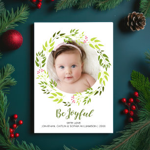 Be Joyful Christmas Botanical Wreath Holiday Photo Card