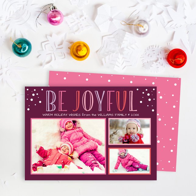 Be Joyful Modern Burgundy Pink Photo Collage Holiday Card (Creator Uploaded)