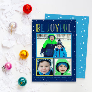 Be Joyful Modern Navy Blue Photo Collage Holiday Card