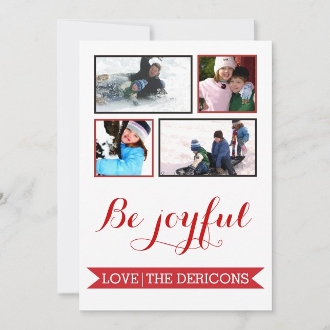 Be Joyful red banner Christmas Groupon photo Holiday Card (Front)