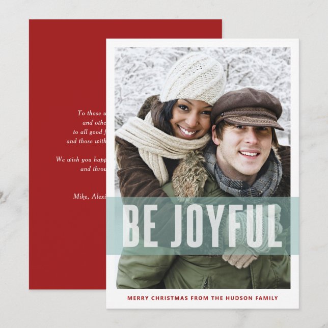 Be Joyful Typography Photo Overlay Mery Christmas Holiday Card (Front/Back)