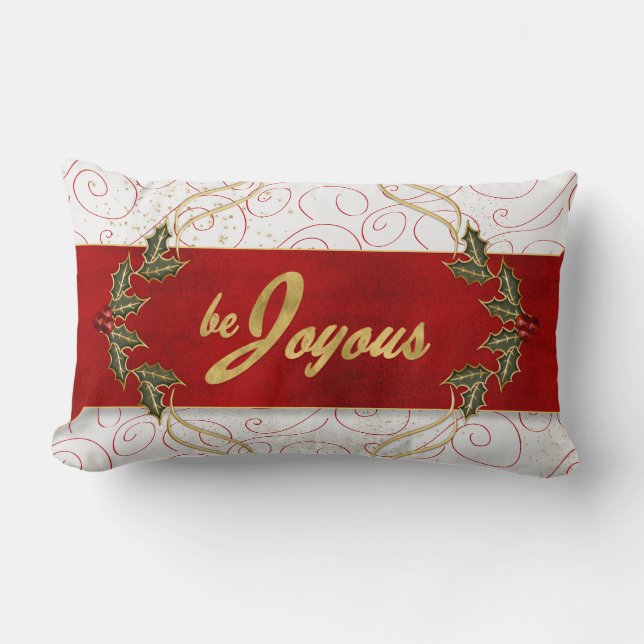 Be Joyous Be Jolly Red Ribbon and Holly Lumbar Cushion (Front)