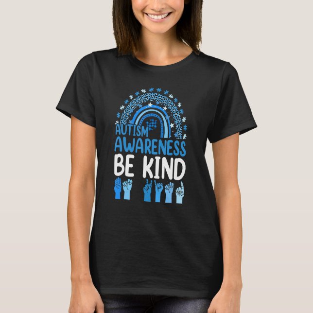 Be Kind Asl Sign Language Leopard Rainbow Autism A T-Shirt (Front)