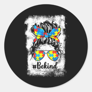 Be Kind Autism Awareness Month Cute Messy Bun Girl Classic Round Sticker