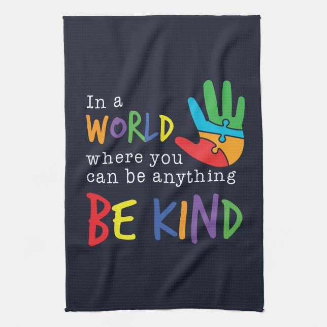 Be Kind Autism Awareness Puzzle Hand Tea Towel (Vertical)