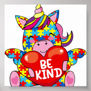 Be Kind Autism Awareness Puzzle Unicorn Gir Poster