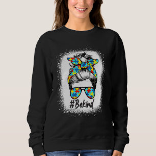 Be Kind Autism Awareness Women Girls Messy Bun Hai Sweatshirt