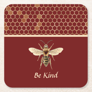 Be Kind Bee and Honeycomb on Burgundy Square Paper Coaster