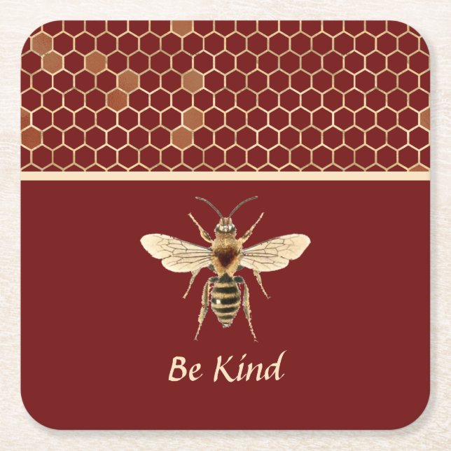 Be Kind Bee and Honeycomb on Burgundy Square Paper Coaster (Front)