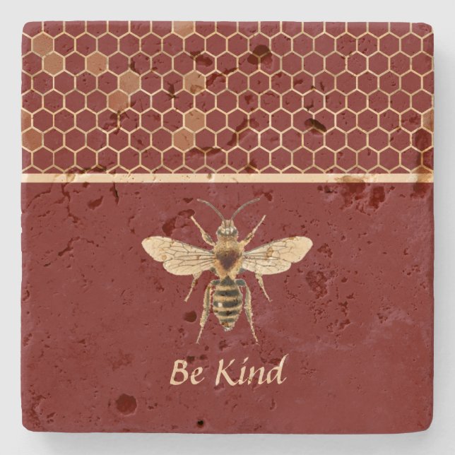 Be Kind Bee and Honeycomb on Burgundy Stone Coaster (Front)