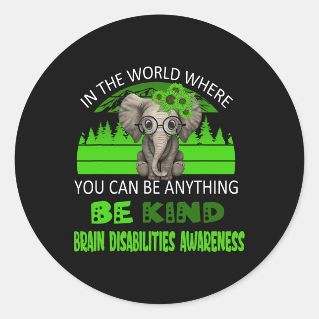 Be Kind Brain Disabilities Awareness Elephant Retr Classic Round Sticker (Front)
