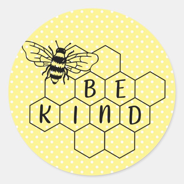 Be Kind Bumble Bee Yellow Polka Dot Classic Round Sticker (Front)