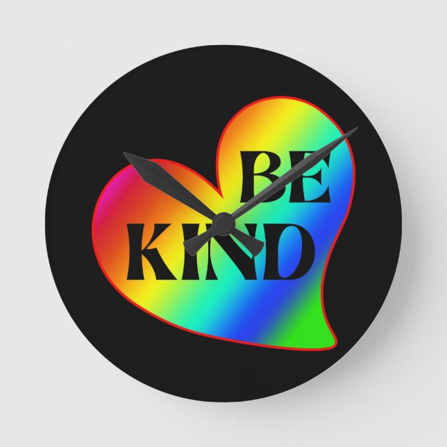 Be Kind Colourful Heart Rainbow  Round Clock (Front)