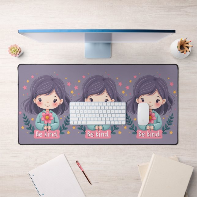 Be Kind Cute Girl with Flower Positive Art Desk Mat (Office 1)