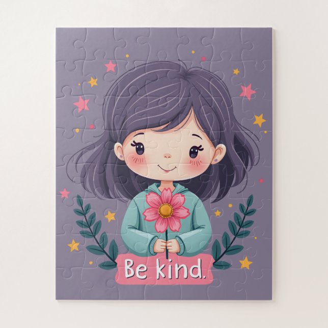 Be Kind Cute Girl with Flower Positive Art Jigsaw Puzzle (Vertical)