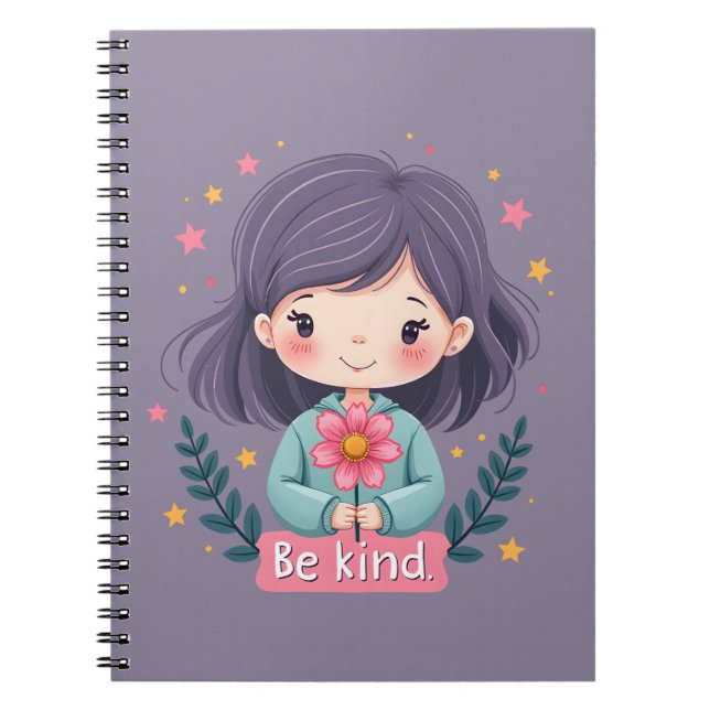 Be Kind Cute Girl with Flower Positive Art Notebook (Front)