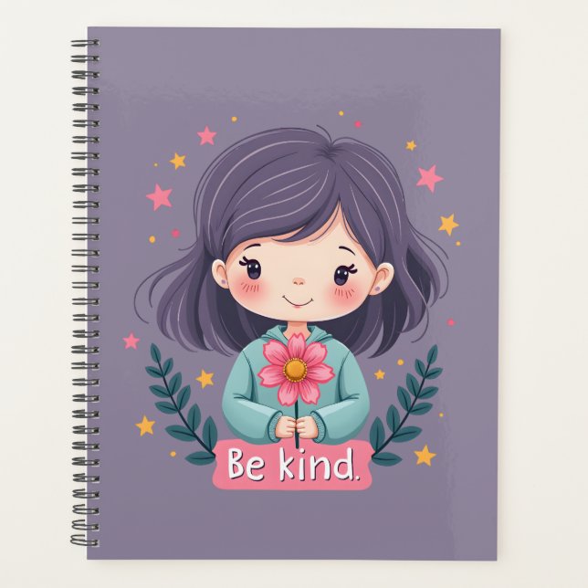 Be Kind Cute Girl with Flower Positive Art Planner (Front)