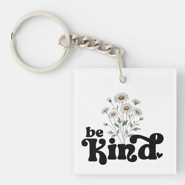 Be Kind Daisy – Minimalist Black Typography Floral Key Ring (Front)