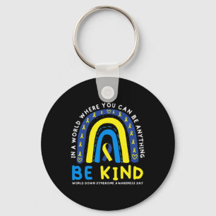 Be Kind Down Syndrome Awareness Blue Ribbon Rainbo Key Ring