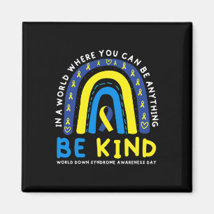 Be Kind Down Syndrome Awareness Blue Ribbon Rainbo Magnet