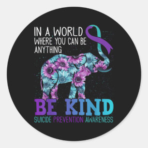 Be Kind Elephant Sunflower Teal Purple Ribbon Classic Round Sticker