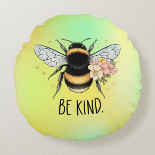 Be Kind Floral Cute Bee Inspirational Design Round Cushion