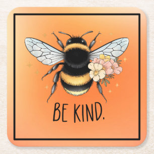 Be Kind Floral Cute Bee Inspirational Design Square Paper Coaster