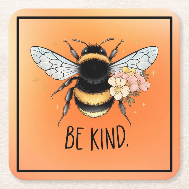 Be Kind Floral Cute Bee Inspirational Design Square Paper Coaster (Front)