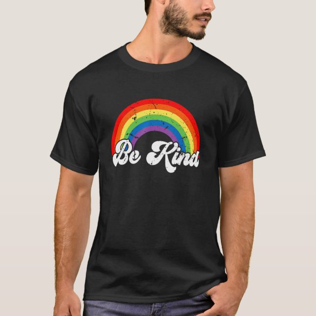 Be Kind Gay Pride LGBT Ally Rainbow Flag Retro Vin T-Shirt (Front)